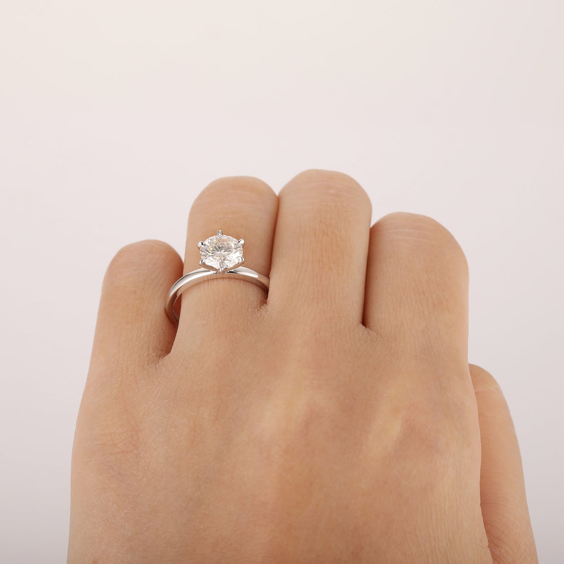 Solitaire Moissanite Engagement Ring, Round Cut 7.0mm Moissanite Prong Set Ring, 14k White Gold Wedding Ring