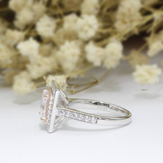 Princess Cut 2ct 7mm Moissanites Ring, Double Halo Pink Pave Set Accents Ring