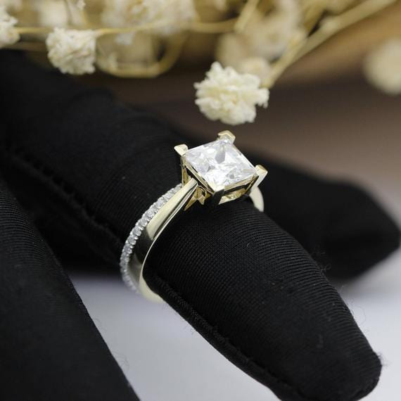 Princess Cut 2.2CT Moissanite Ring, Solitaire 14k Yellow Gold Wedding Ring