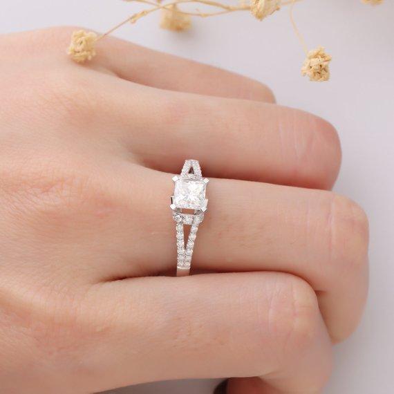 Princess Cut 1ct Esdomera Moissanite Ring, Pave Set 14k White Gold Ring