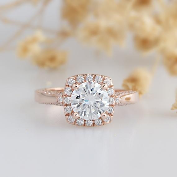 Halo Accents 14k Rose Gold Ring, 1.25ct Round Esdomera Moissanites Ring