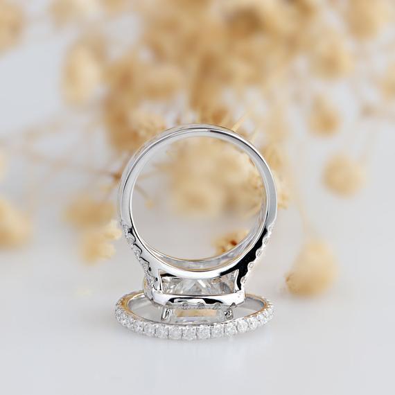 Princess Cut 3ct Moissanite Wedding Ring, Halo Split Shanks Bridal Set