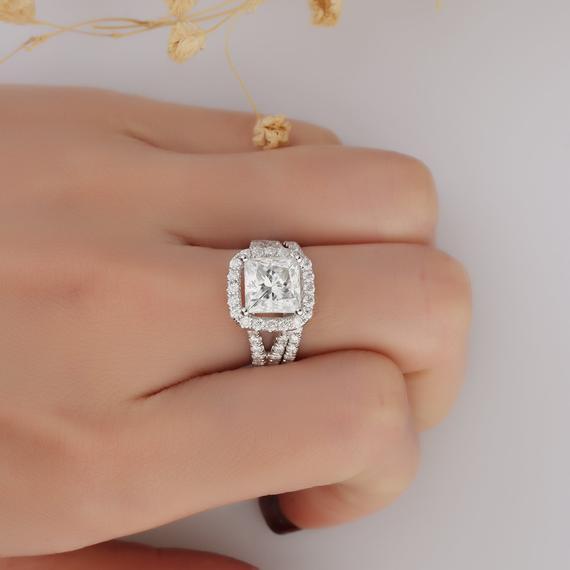 Princess Cut 3ct Moissanite Wedding Ring, Halo Split Shanks Bridal Set