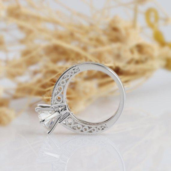 Round Cut 2ct Esdomera Moissanite Ring, Vintage Filigree Ring, Engagement Ring