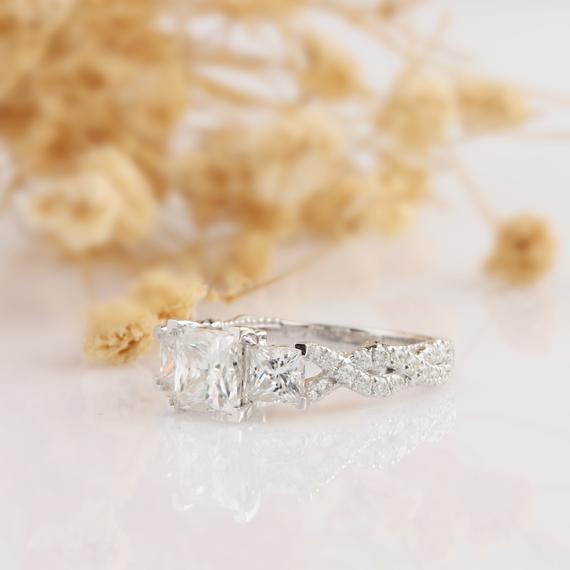 Vintage Princess Cut 6mm Moissanite Three Stone Engagement Ring