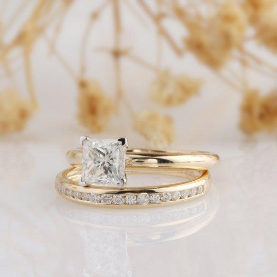 Princess Cut 1 CT Moissanite Wedding Set, 14k Two Tone Gold Wedding Ring