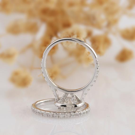 Bridal Set, Halo Round Cut 1.00 CT Moissanite Ring, 14k White Gold Ring
