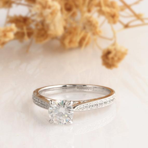 Vintage Filigree Ring, Round 1ct Esdomera Moissanite Ring, Royal Crown Design Ring