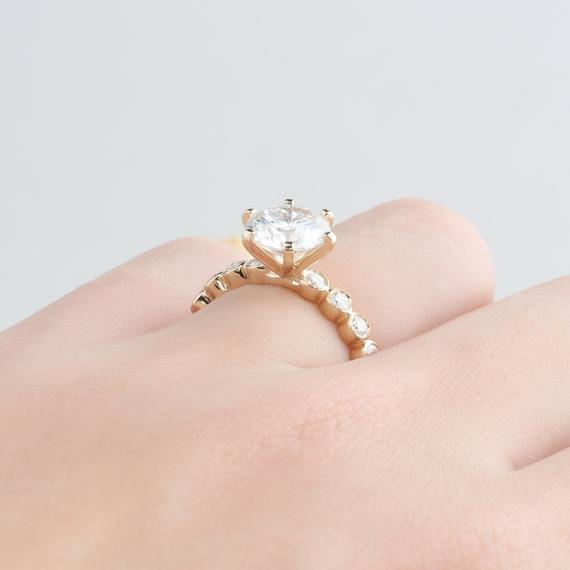 2.0CT Round Cut Moissanite Engagement Ring, 4 Prongs Wedding Bridal Ring, Bezel Set Ring