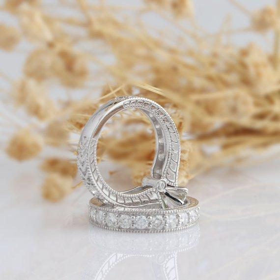 Antique Bridal Set, Round Cut 1.5ct Moissanite Ring, Filigree Promise Ring