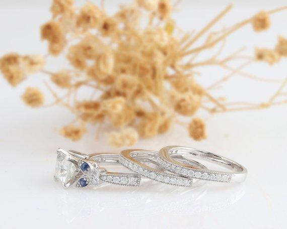 Princess Cut 2 CT Esdomera Moissanite Ring, Vintage Filigree Blue Sapphire Ring