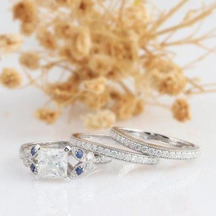 Princess Cut 2 CT Esdomera Moissanite Ring, Vintage Filigree Blue Sapphire Ring