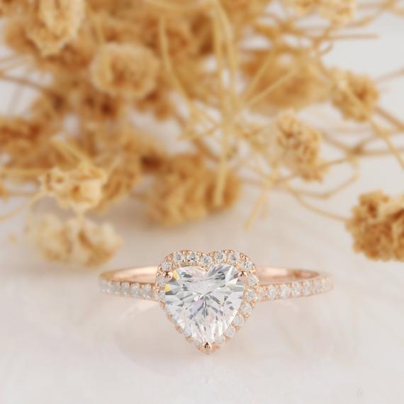Halo Heart Shape 1 CT Moissanite Engagament Ring, 14k Rose Gold Wedding Ring