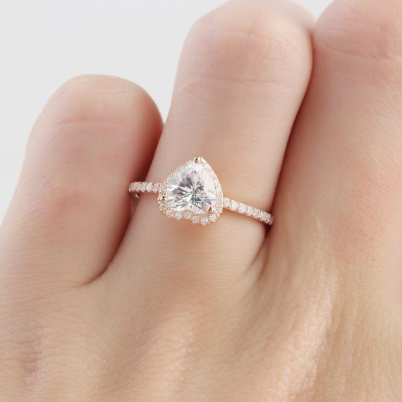 Halo Heart Shape 1 CT Moissanite Engagament Ring, 14k Rose Gold Wedding Ring
