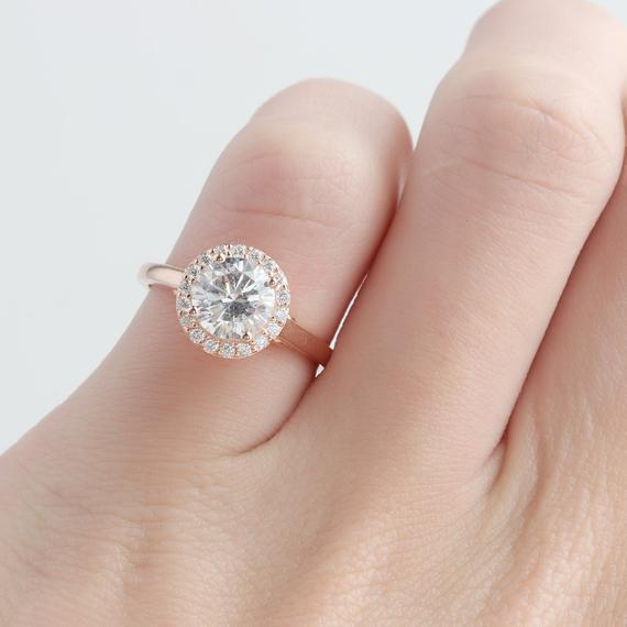 Round 1.25CT Moissanite Ring, Halo Pave Accents Plain Band Ring