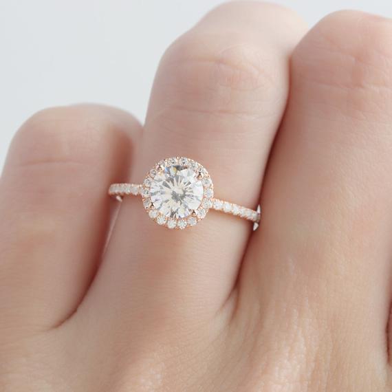 Round Cut 6.5mm Moissanite Ring, Halo Pave Set Accent Ring, Promise Ring