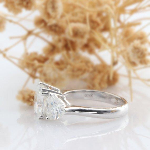 Cushion Cut 8mm Moissanite Engagement Ring, 6mm Trillion Cut Wedding Ring