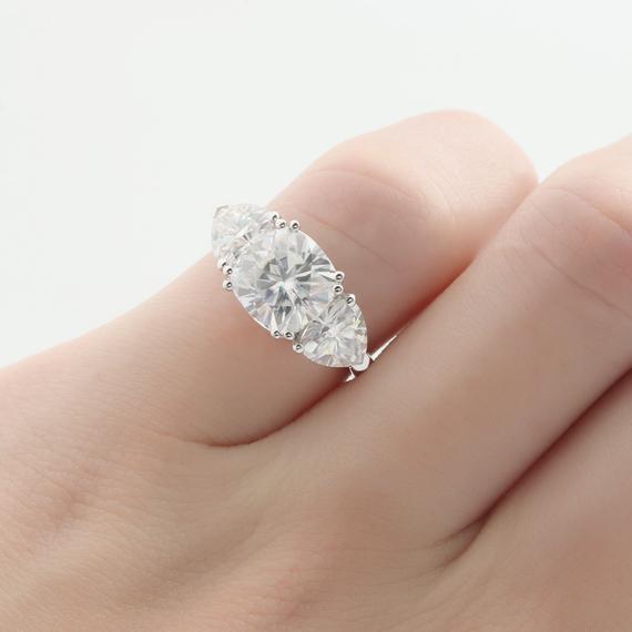 Cushion Cut 8mm Moissanite Engagement Ring, 6mm Trillion Cut Wedding Ring