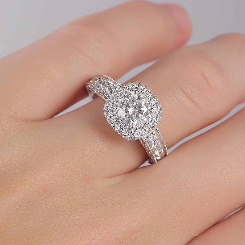 Round Cut 1ct Moissanite Vintage Double Halo Accents Engagement Ring