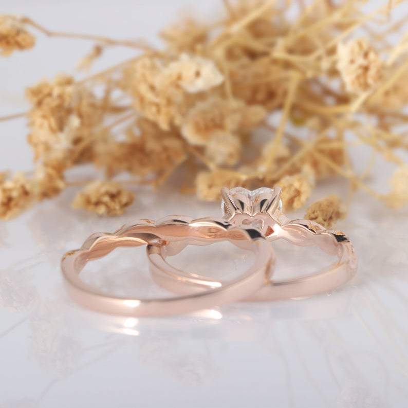 Heart Shape 1CT Center Moissanite Bridal Set Rope Style Ring