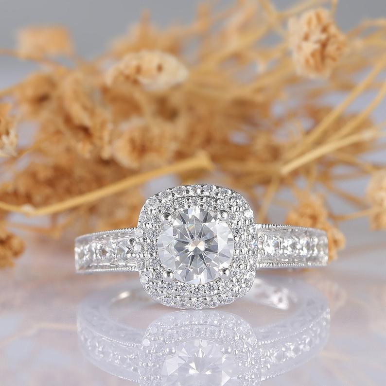 Round Cut 1ct Moissanite Vintage Double Halo Accents Engagement Ring