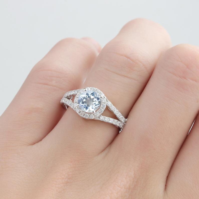 Round Cut 1CT Aquamarine Ring, 14k White Gold Wedding Engagement Ring