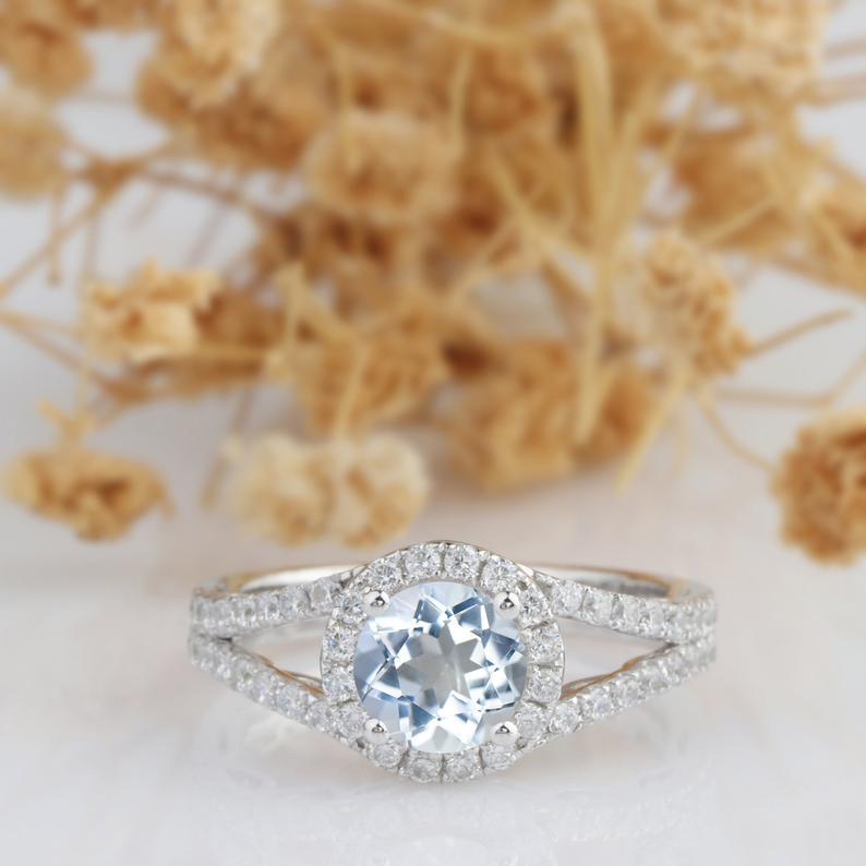 Round Cut 1CT Aquamarine Ring, 14k White Gold Wedding Engagement Ring