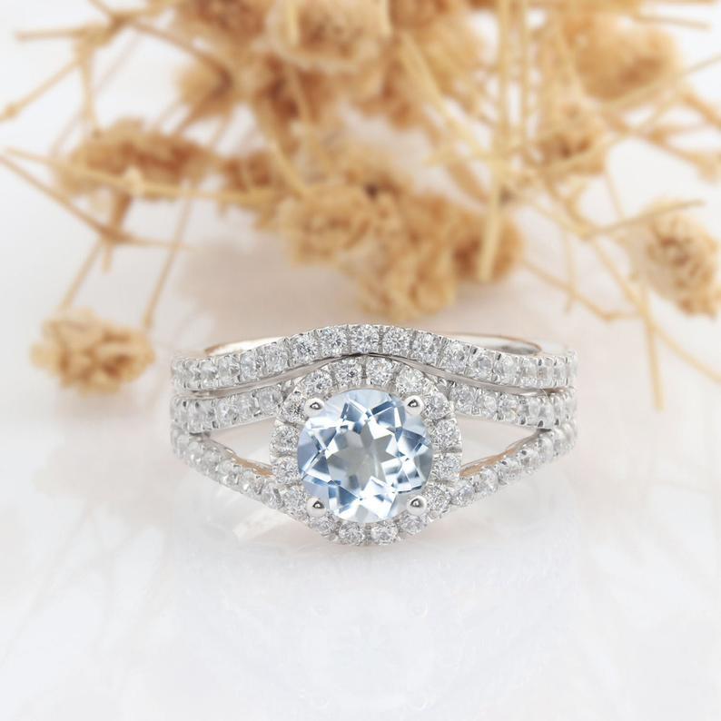Round Cut 1ct Aquamarine Ring Set, 14k White Gold Wedding Engagement Ring