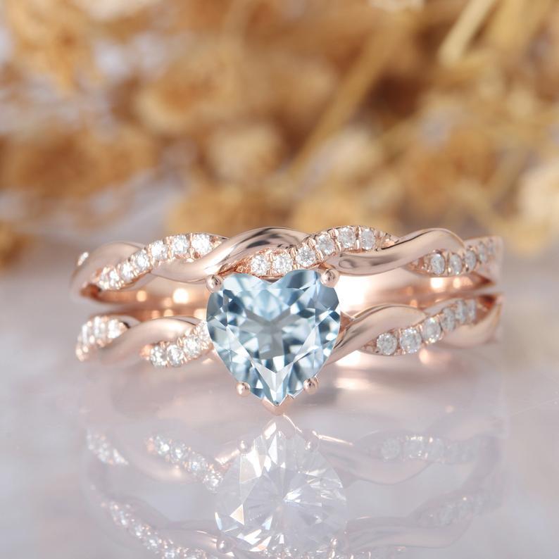 Heart Shape 1ct CenterAquamarine Bridal Set,14k White Gold Engagement Ring