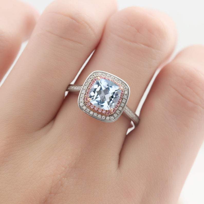 Cushion Cut 2ct Aquamarine Double Halo Pink Pave Set Accents 14k White Gold Engagement Ring