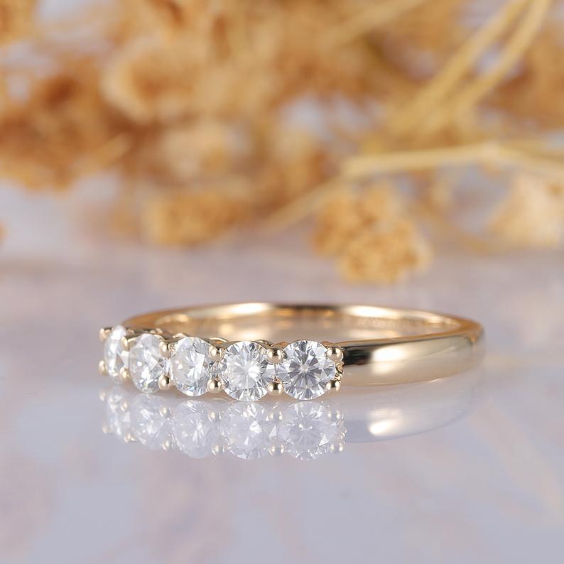 5 Stone Wedding Band, Accents Elegant 14k Yellow Gold Moissanite Wedding Ring