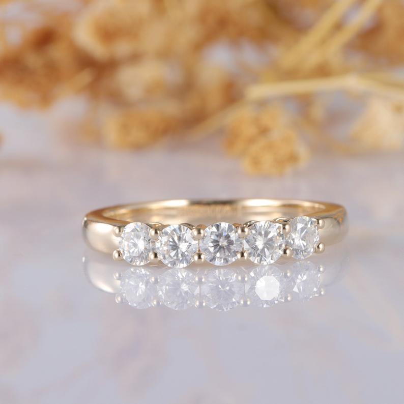 5 Stone Wedding Band, Accents Elegant 14k Yellow Gold Moissanite Wedding Ring