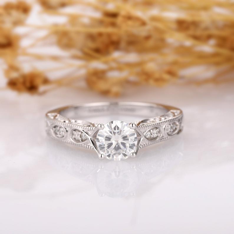Round Cut 1 CT Moissanite Antique Filigree 4 Prong Engagement Ring