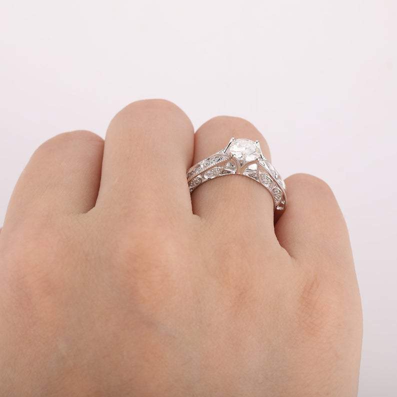 Round Cut 1 CT Moissanite Antique Filigree 4 Prong Engagement Ring