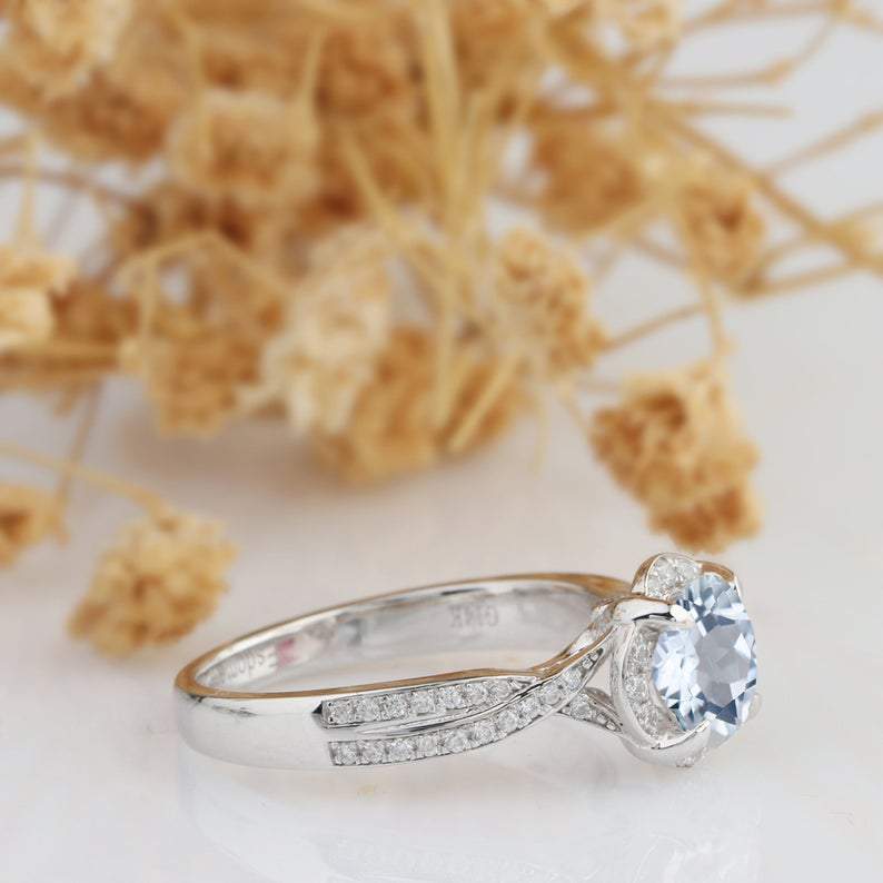Round Cut 1ct Aquamarine ring, 14k White Gold Engagement Ring