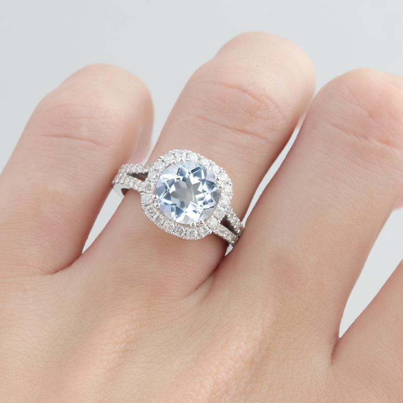 Round Cut 3CT Aquamarine Ring,14k White Gold Wedding Engagement Ring