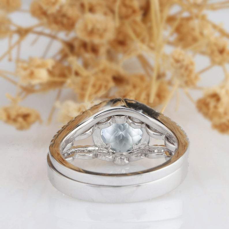 Round Cut 1ct Aquamarine Ring Set, 14k White Gold Wedding Engagement Ring