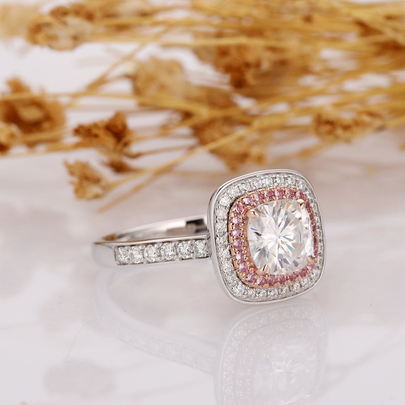 Cushion Cut 1.3ct Moissanite Double Halo Pink Sapphire Accents Ring, 14k Two Tone Gold Ring