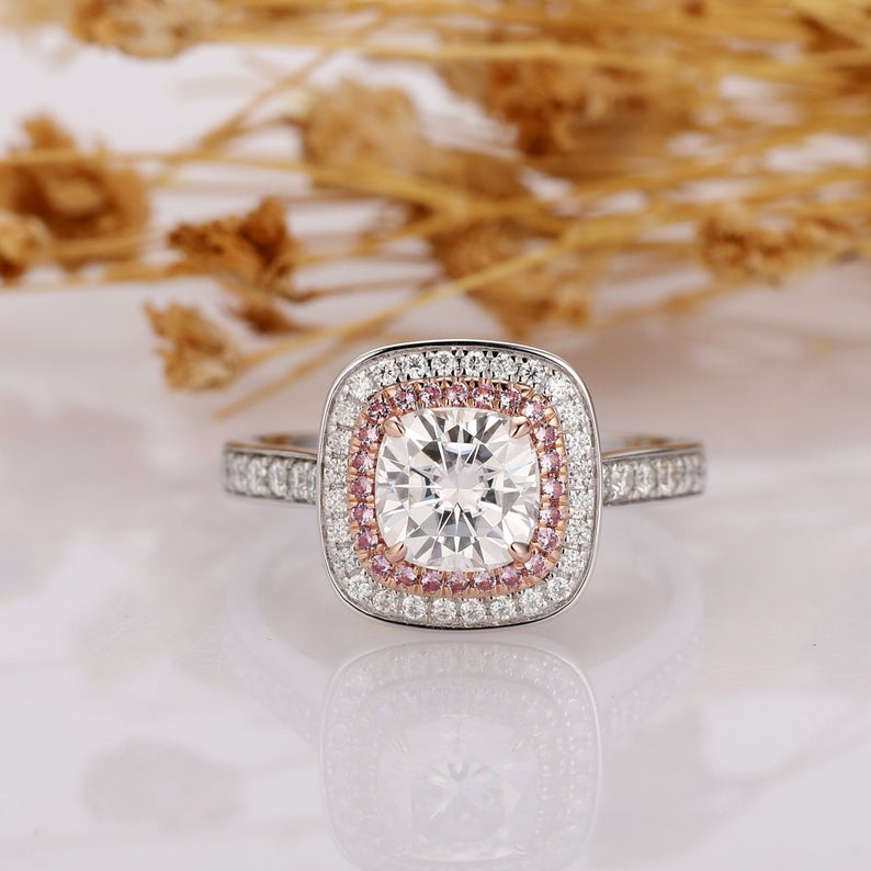 Cushion Cut 1.3ct Moissanite Double Halo Pink Sapphire Accents Ring, 14k Two Tone Gold Ring