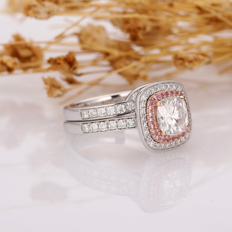 Cushion Cut 1.3ct Moissanites Double Halo Pink Sapphire Accents, 14k Two Tone Gold