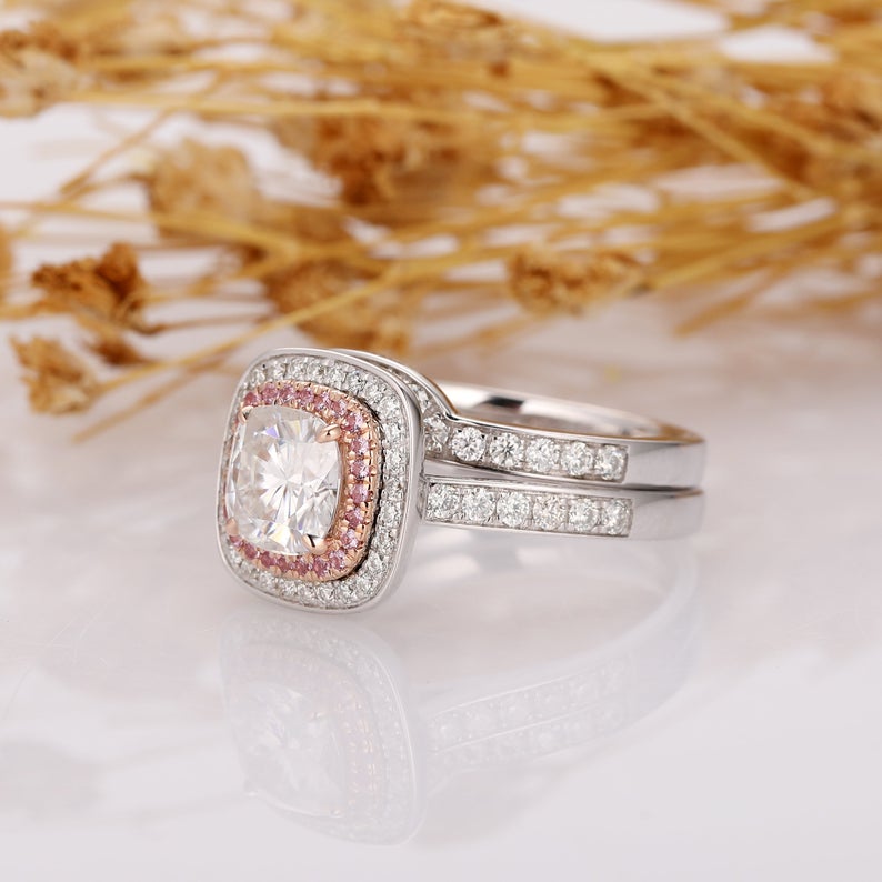 Cushion Cut 1.3ct Moissanites Double Halo Pink Sapphire Accents, 14k Two Tone Gold