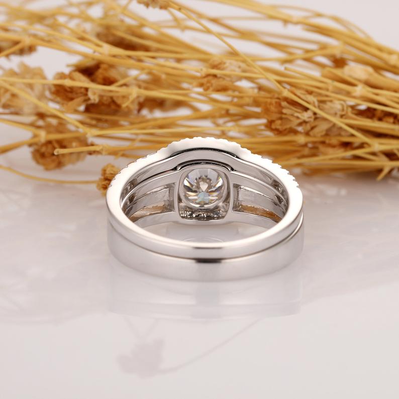 1ct Round Moissanite Square Halo Style 14k White Gold Wedding Bridal Set