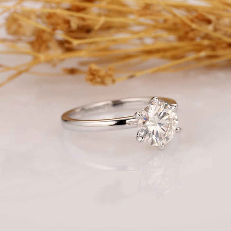 Solitaire Moissanite Engagement Ring, Round Cut 7.0mm Moissanite Prong Set Ring, 14k White Gold Wedding Ring