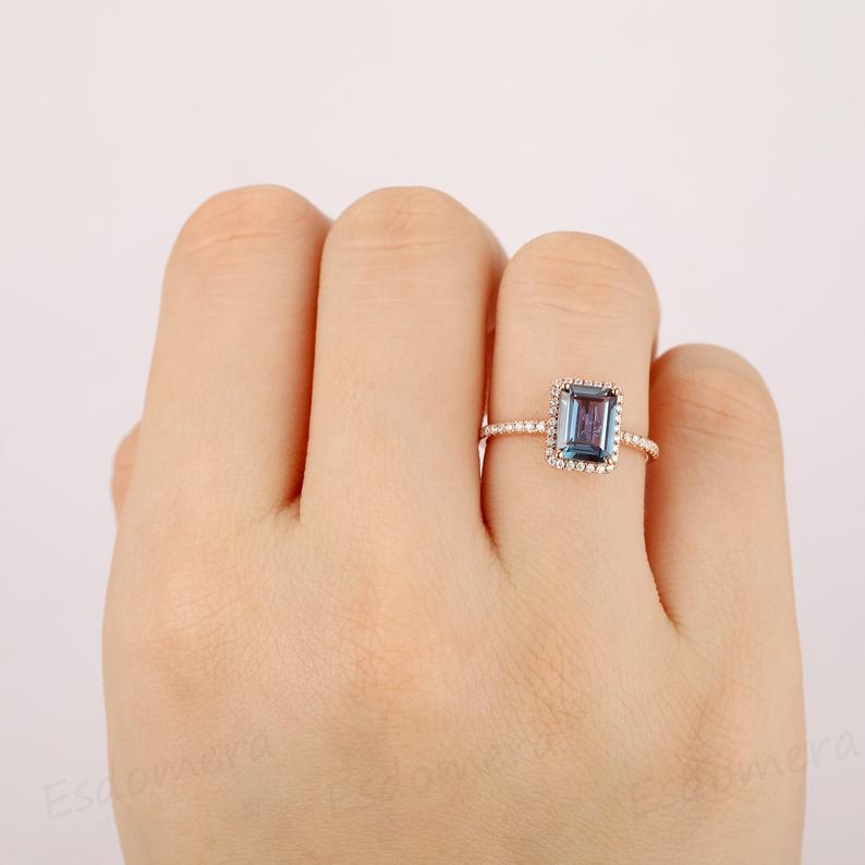 Emerald Cut 6x8mm Alexandrite Engagement Ring, 14k Solid Rose Gold Ring