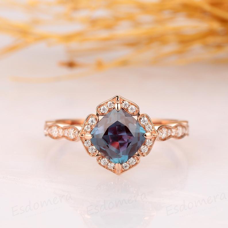 Cushion Cut 1.3CT Alexandrite Wedding Ring, 14k Solid Rose Gold Promise Ring