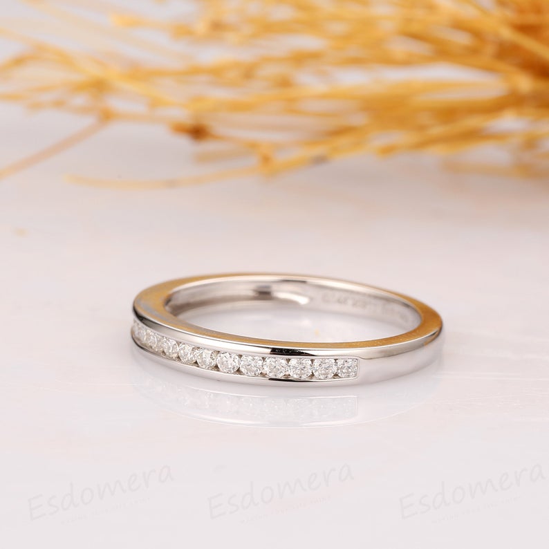 Pave Setting Band, 14k White Gold Matching Ring, Half Eternity Ring