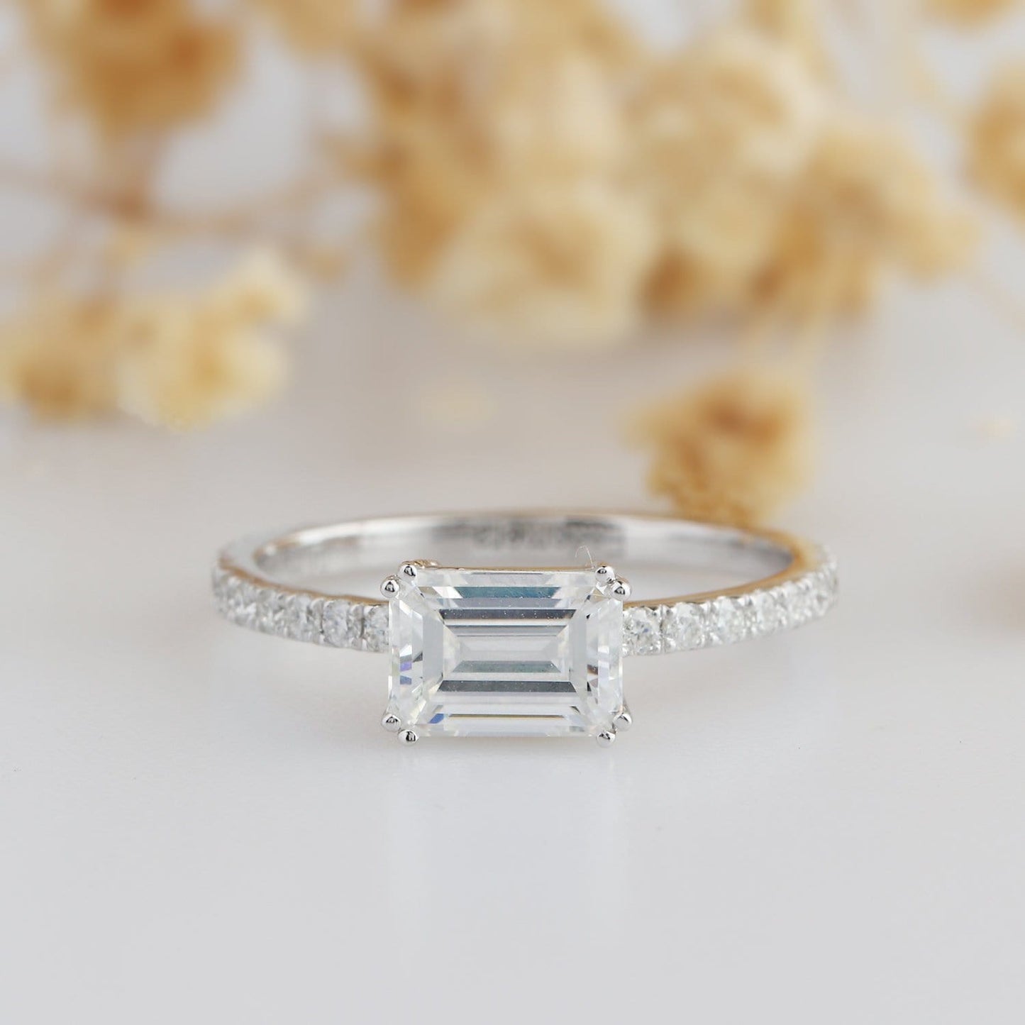 Emerald Cut 5x7mm Moissanite Pave Set Accents Engagement Ring