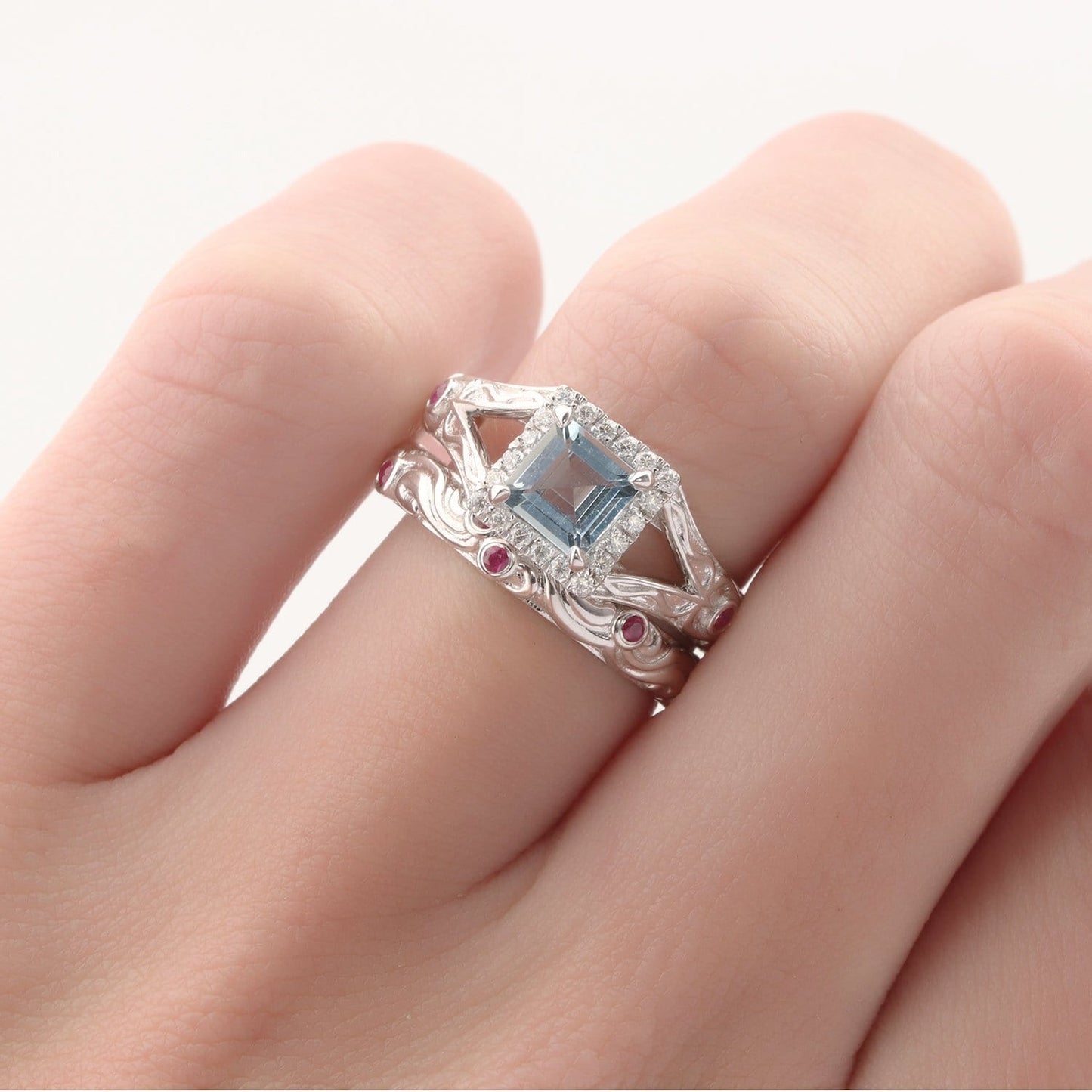 Princess Cut 5.5mm Natural Aquamarine Bridal Ring Set, Floral Ruby Wedding Band