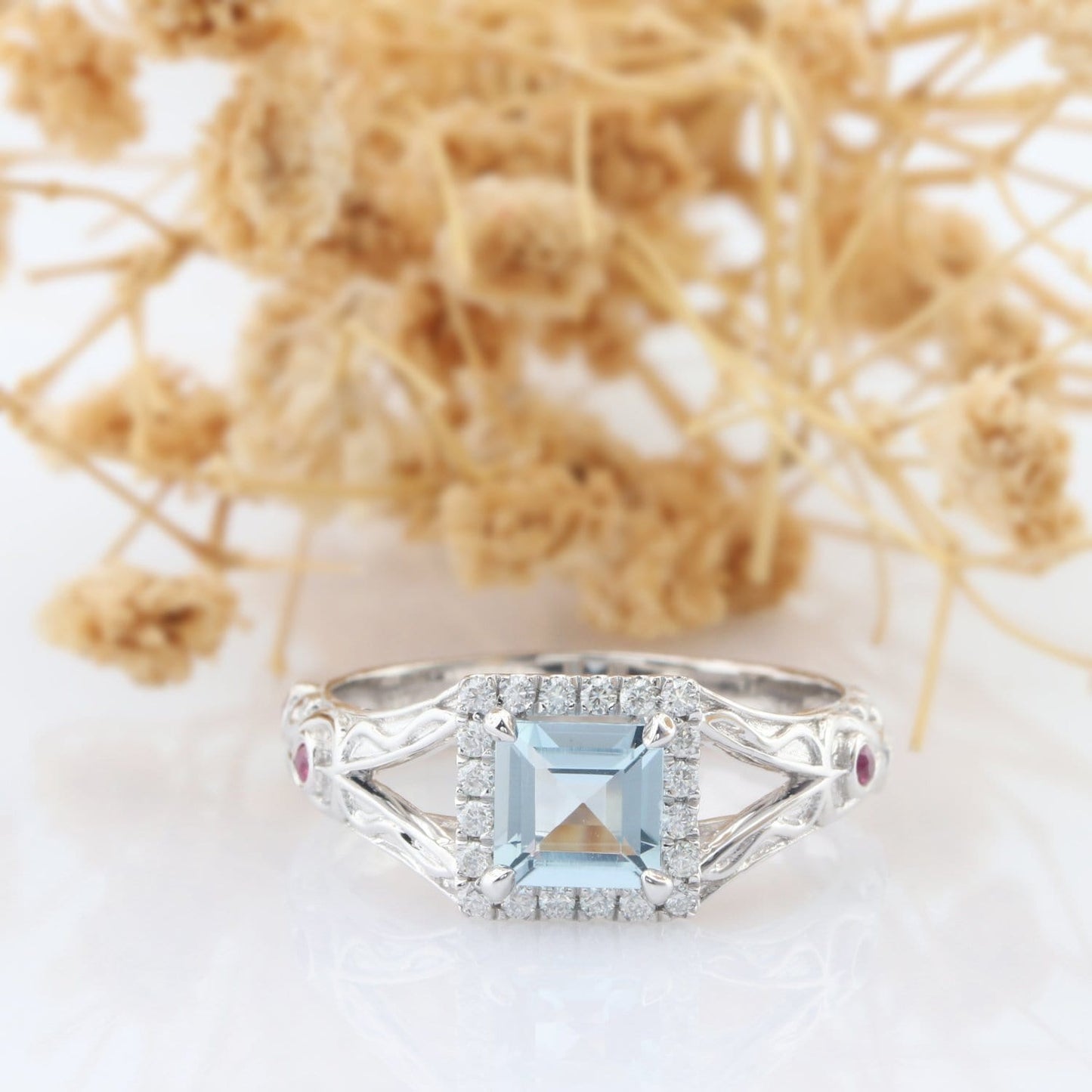 Princess Cut 5.5mm Natural Aquamarine Engagement Ring, Ruby Accents Split Shank Ring