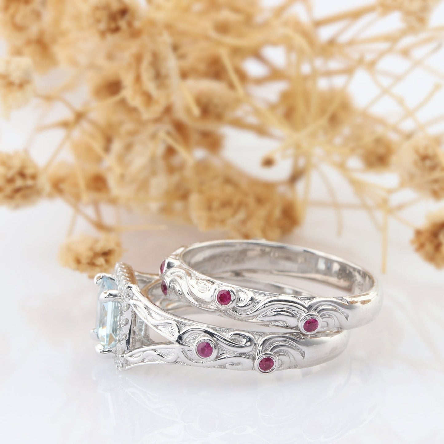 Princess Cut 5.5mm Natural Aquamarine Bridal Ring Set, Floral Ruby Wedding Band